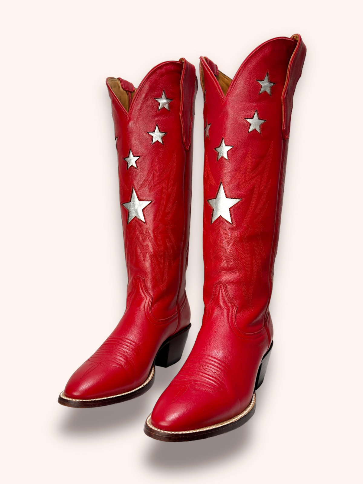 Metallic Star Inaly Embroidery Almond-Toe Wide Mid Calf Tall Cowgirl Boots - Red