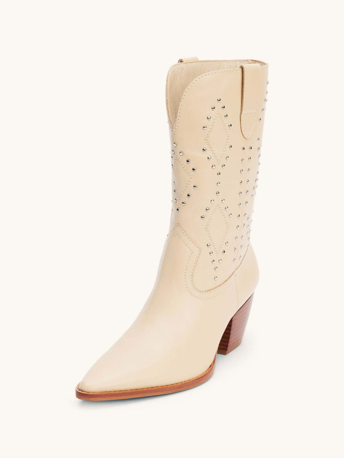 Ivory Stitch Studded Pointed-Toe Wide Mid Calf Western Boots Cowgirl Boots