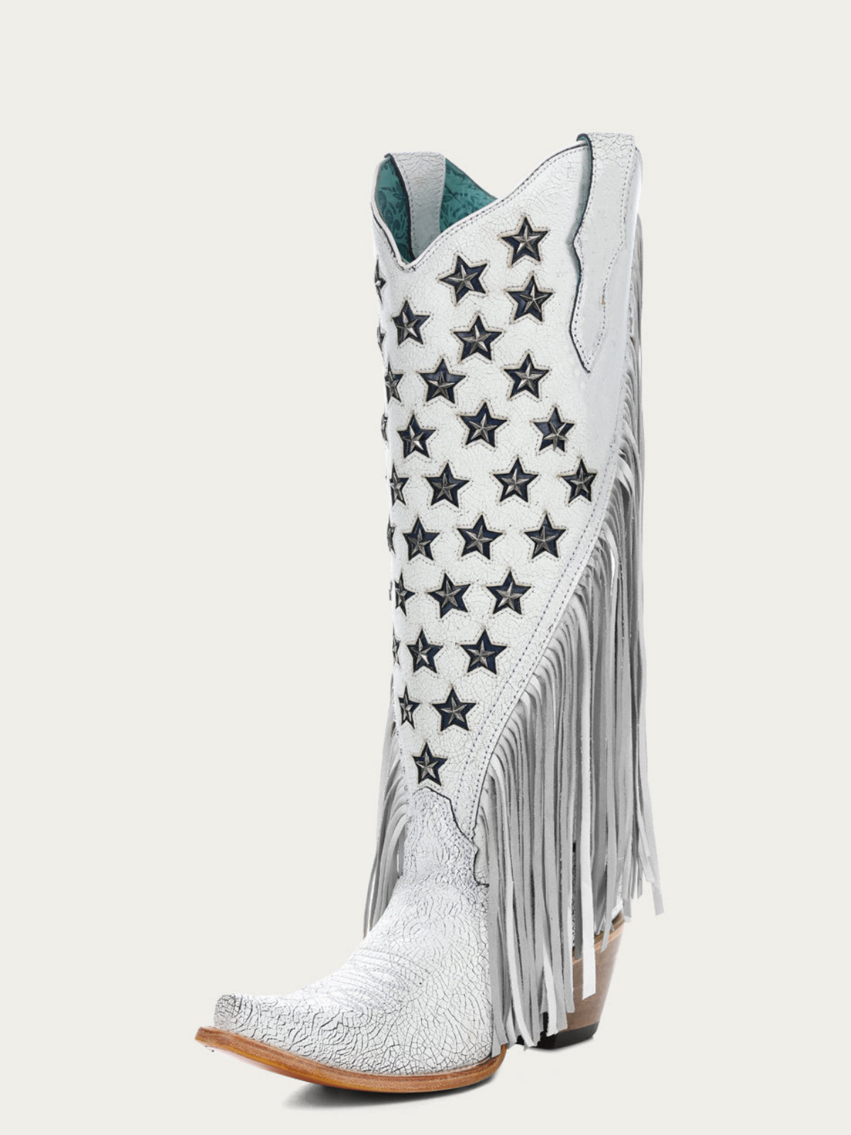 White Crinkle Star Studs Blue Inlay Fringe Snip-Toe Wide Mid Calf Tall Cowgirl Boots