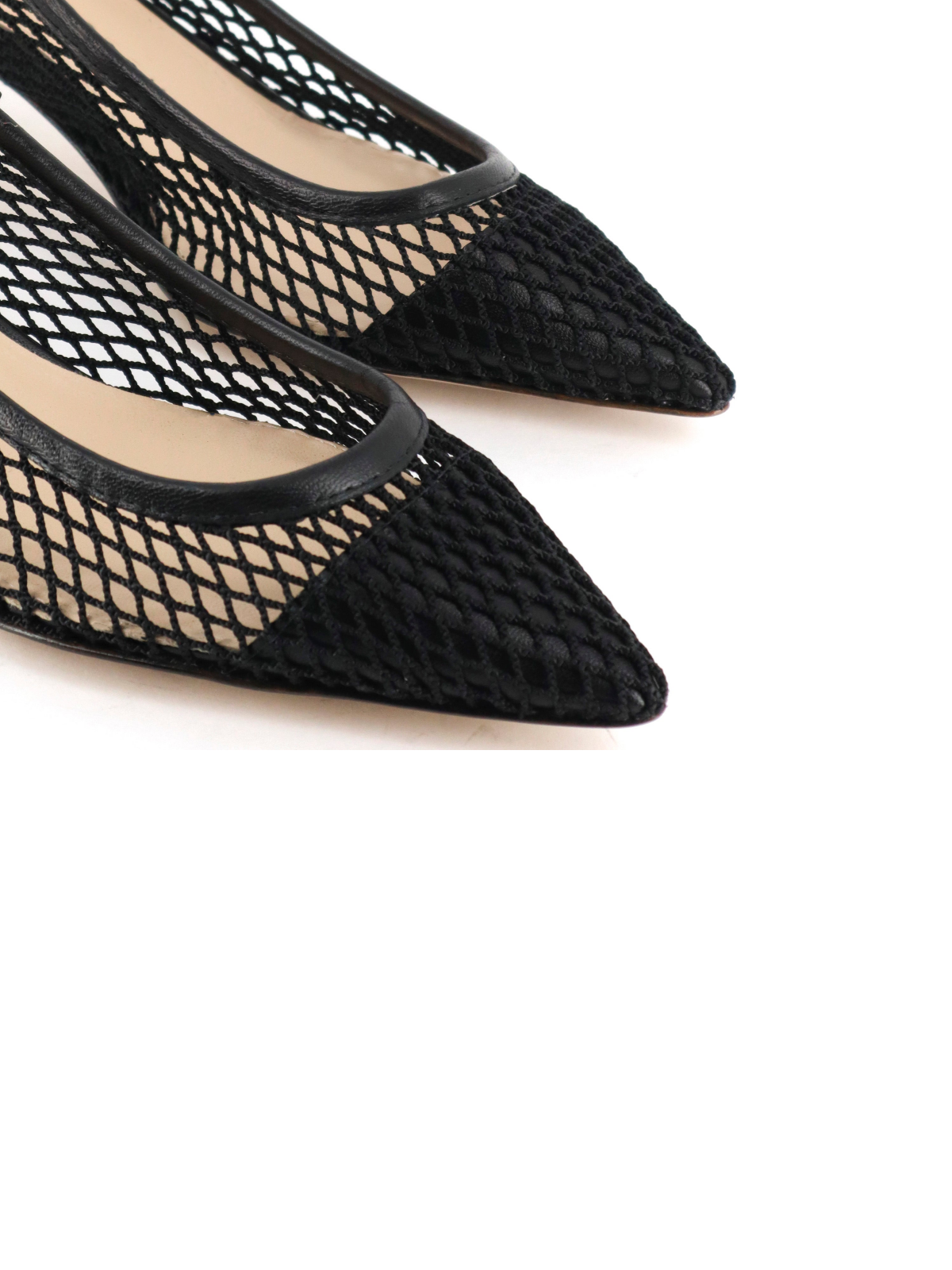 Black Pointy Kitten Heels Slingback Pumps in Fishnet & Vegan Leather