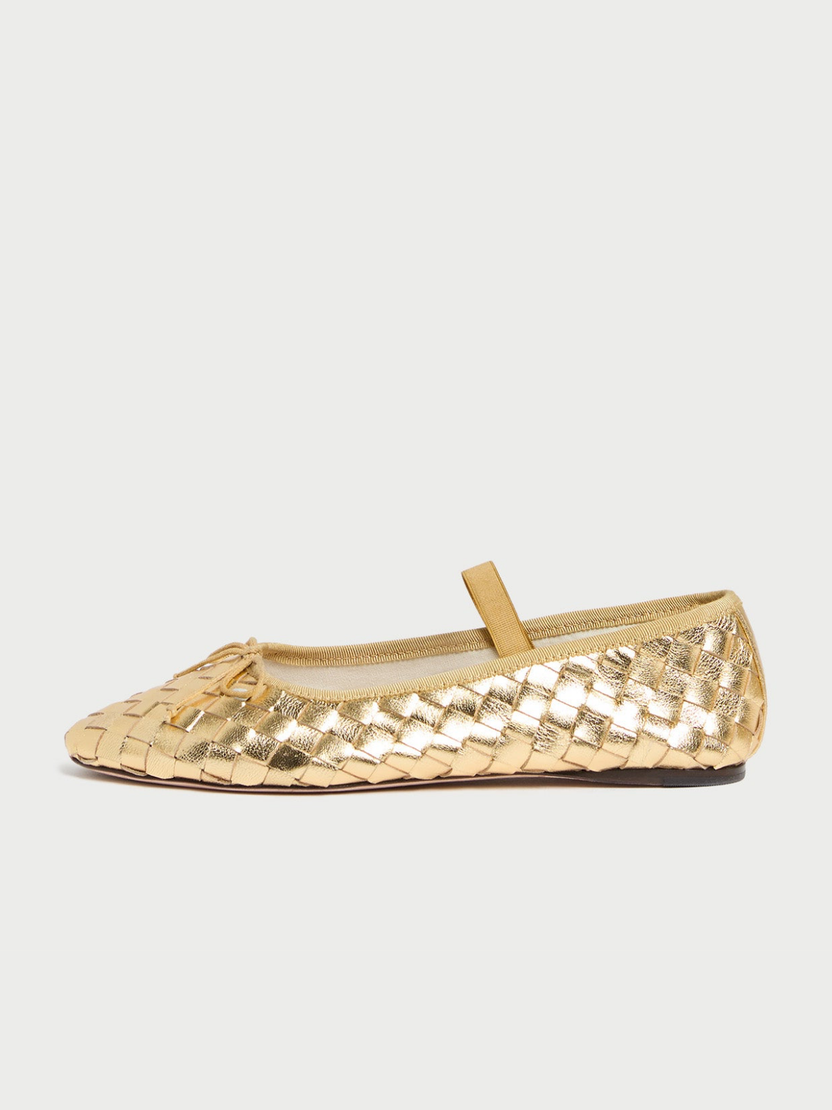 Metallic Gold Woven Bow Round-Toe Ballerina Flats Mary Janes With Elastic Band