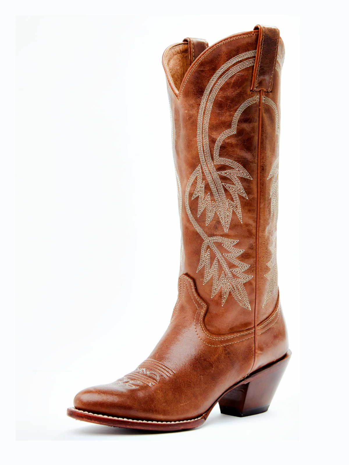 Brown Almond-Toe Fallen Leaves Embroidery Wide Mid Calf Tall Cowgirl Boots