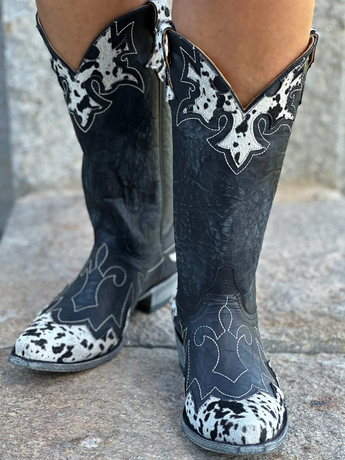 Distressed Black Snip-Toe Faux Cowhide Pony Hair Applique Wide Mid Calf Cowgirl Boots