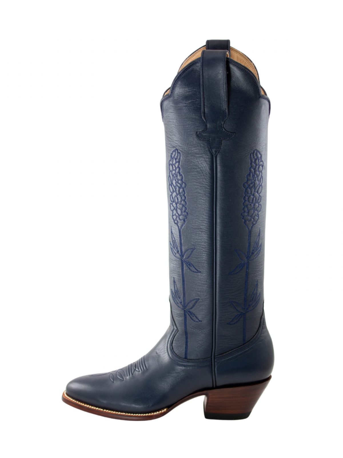 Almond-Toe Ear-Of-Rice Embroidery Wide Calf Knee High Cowgirl Boots - Navy Blue