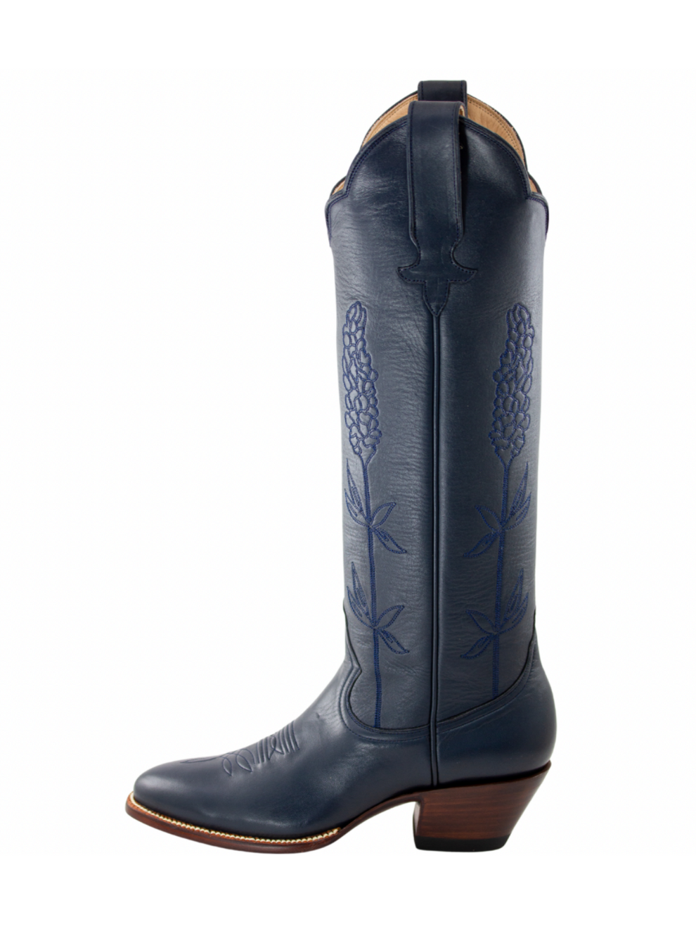 Ear-Of-Rice Embroidery Wide Calf Knee High Cowgirl Boots - Navy Blue ...