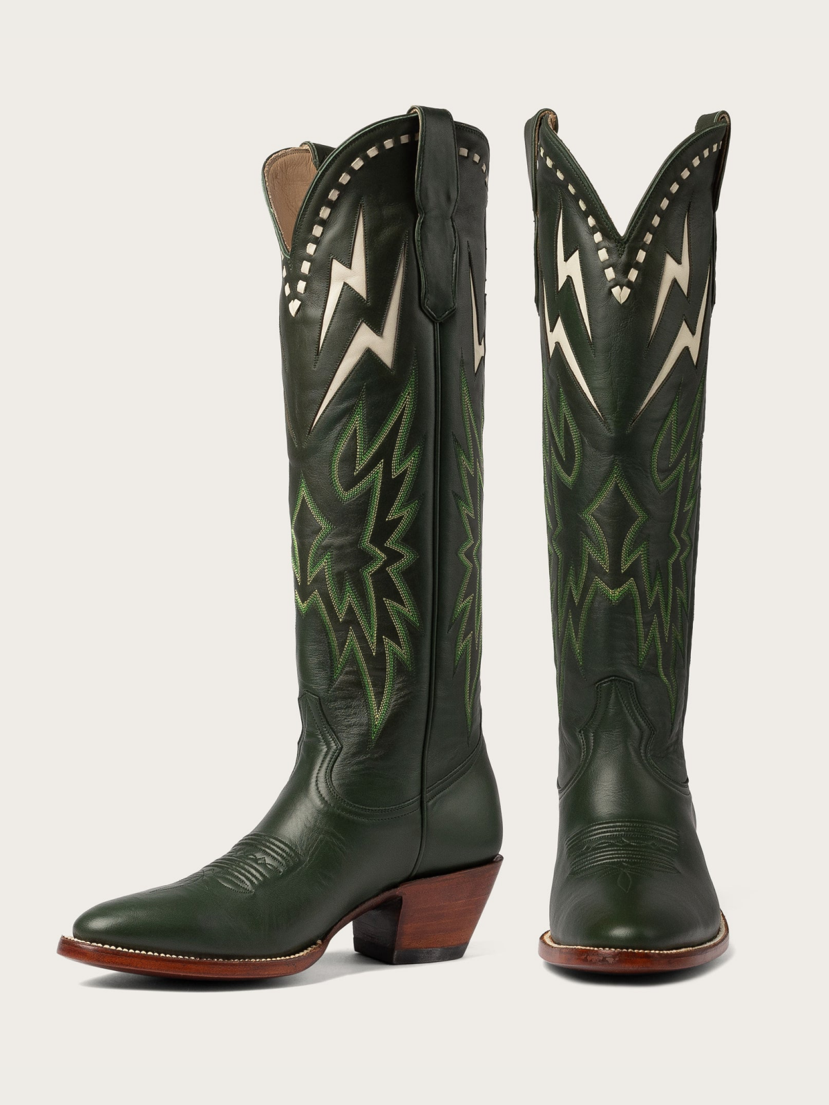 White Lightning Inlay Stitch Embroidery Almond-Toe Wide Mid Calf Tall Cowgirl Boots - Dark Green