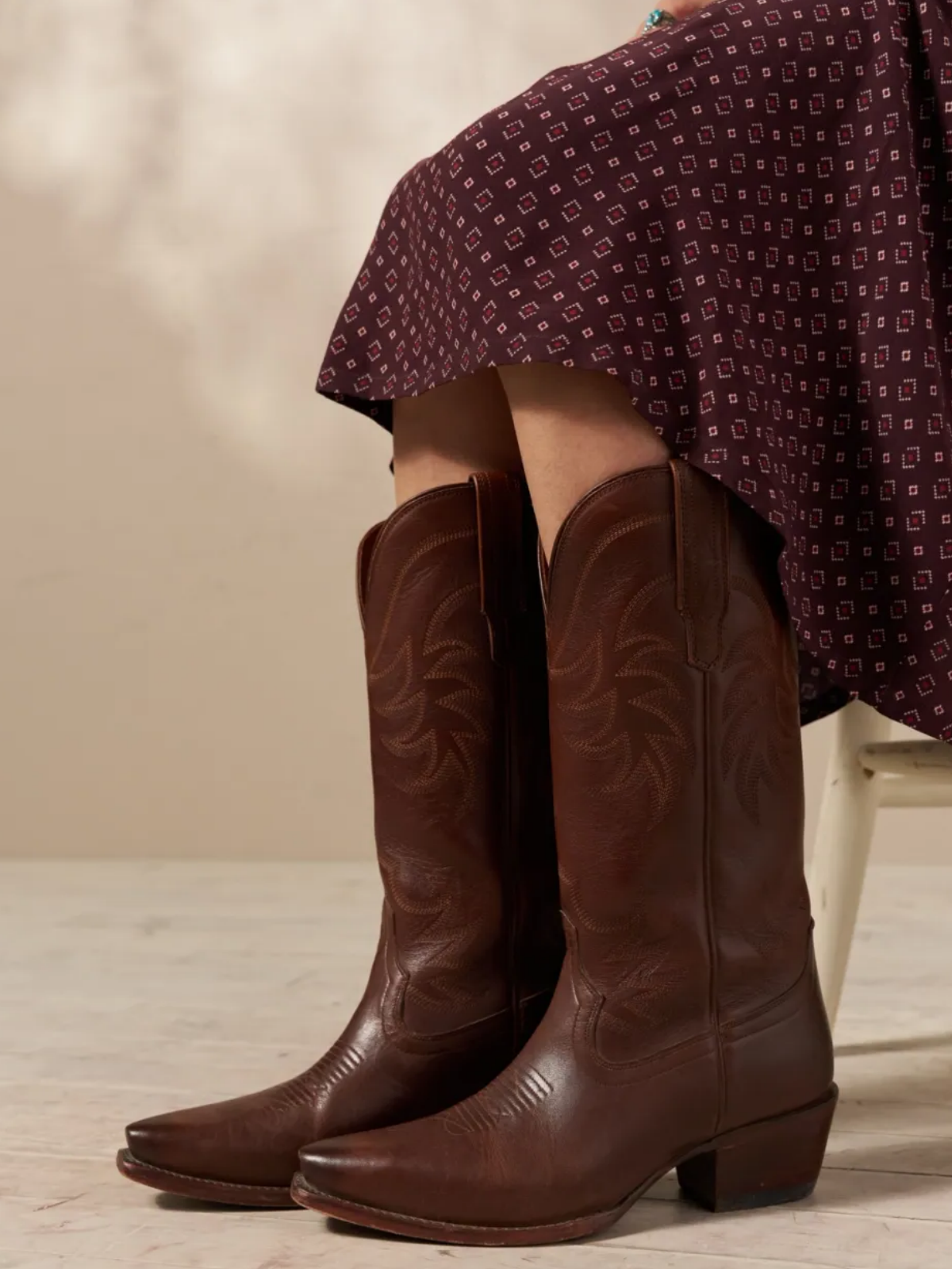 Dark Brown Vegan Leather Snip-Toe Embroidery Wide Mid Calf Western Boots