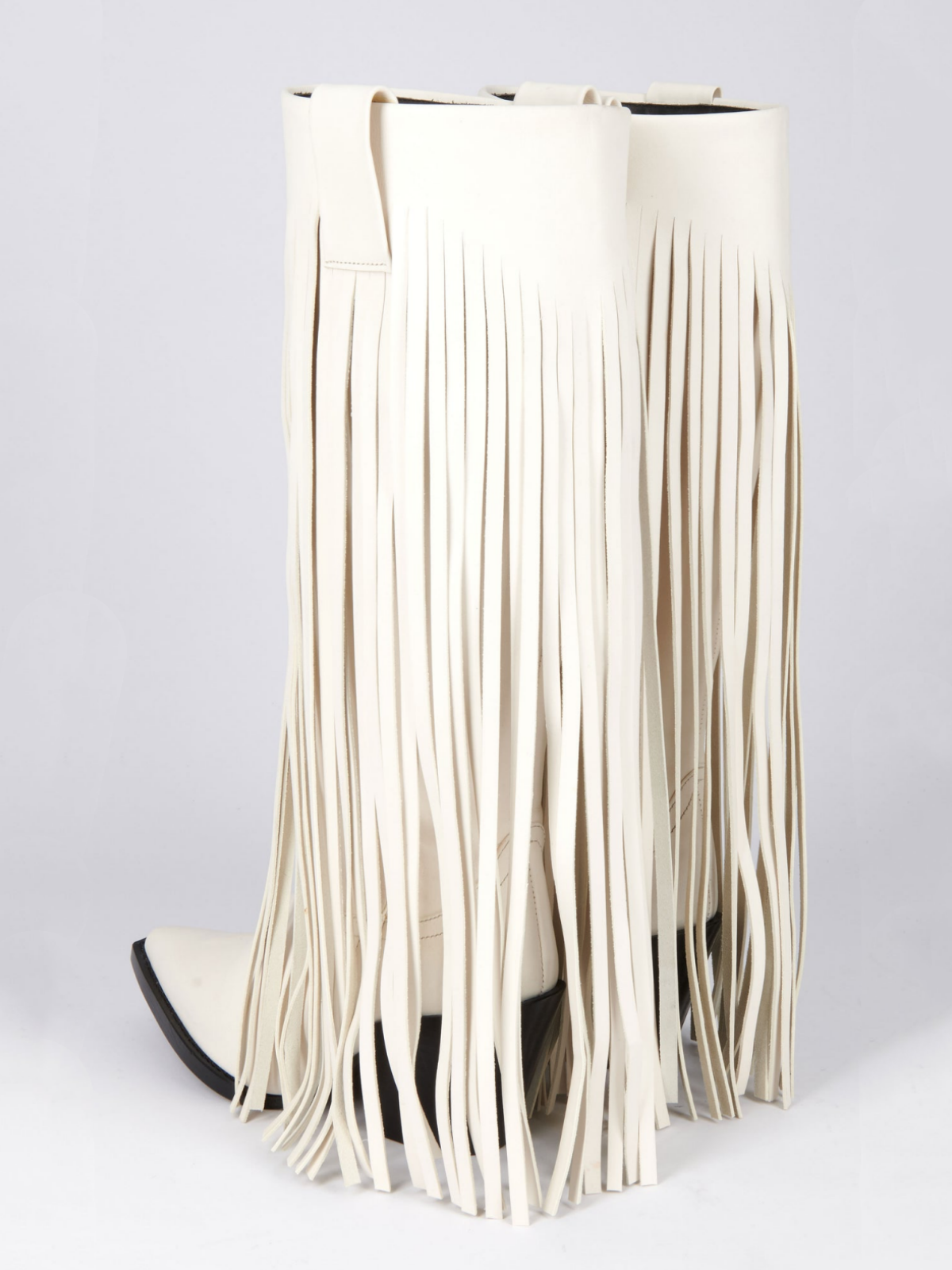 Ivory Snip-Toe Fringed Folded Panel Wide Mid Calf Boots