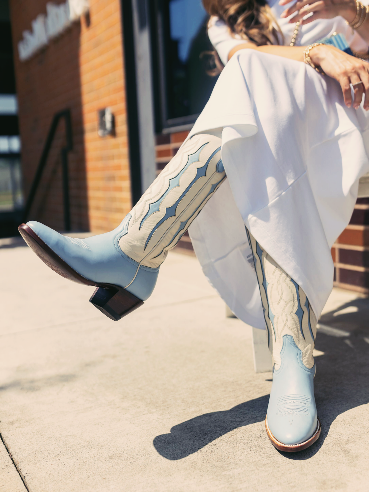 Baby Blue Contrast Inlay Stitch Almond-Toe Wide Mid Calf Western Cowgirl Boots