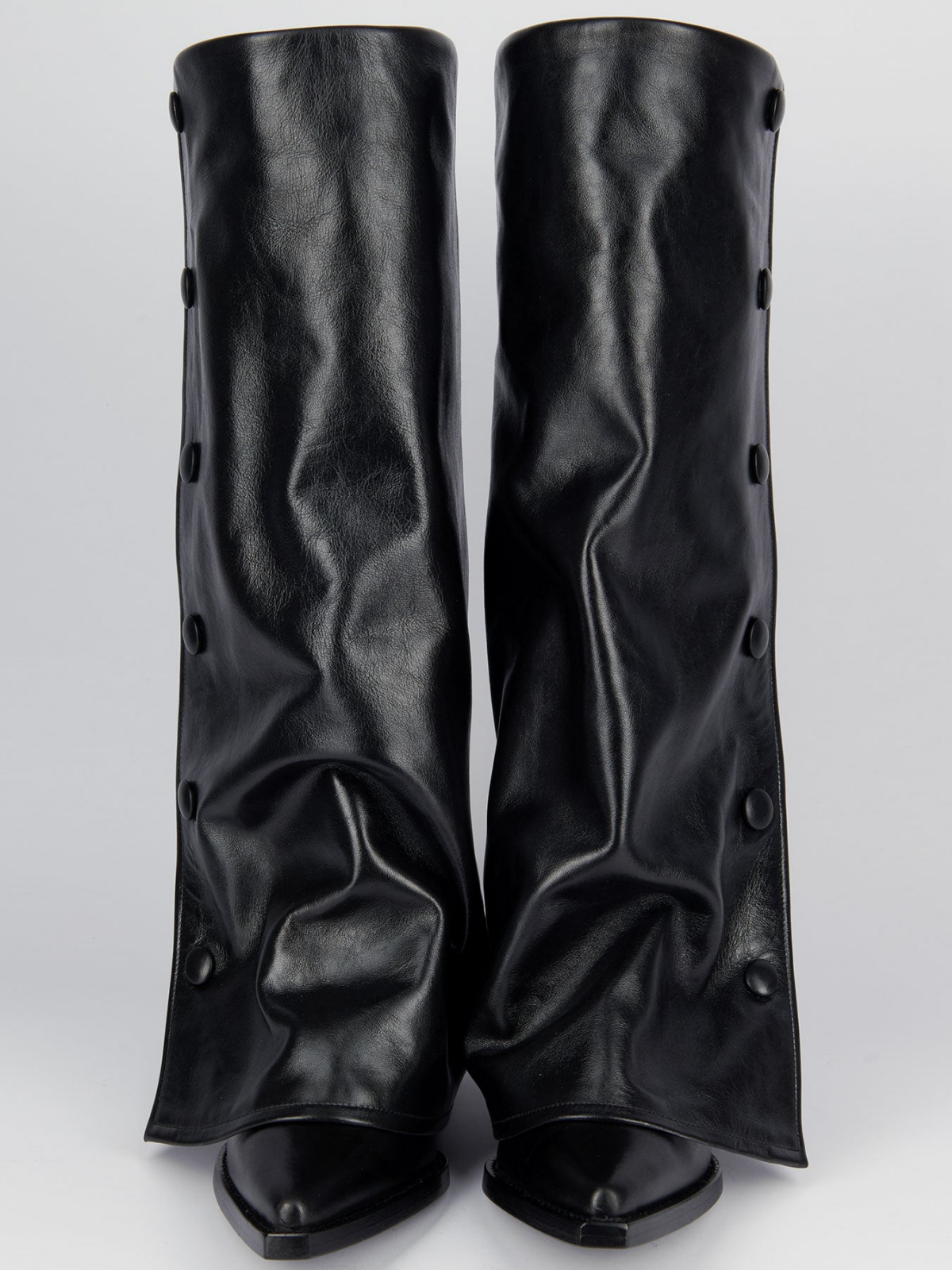 Black Snip-Toe Fold-Over Snapped Panel Tall Wide Mid Calf Boots