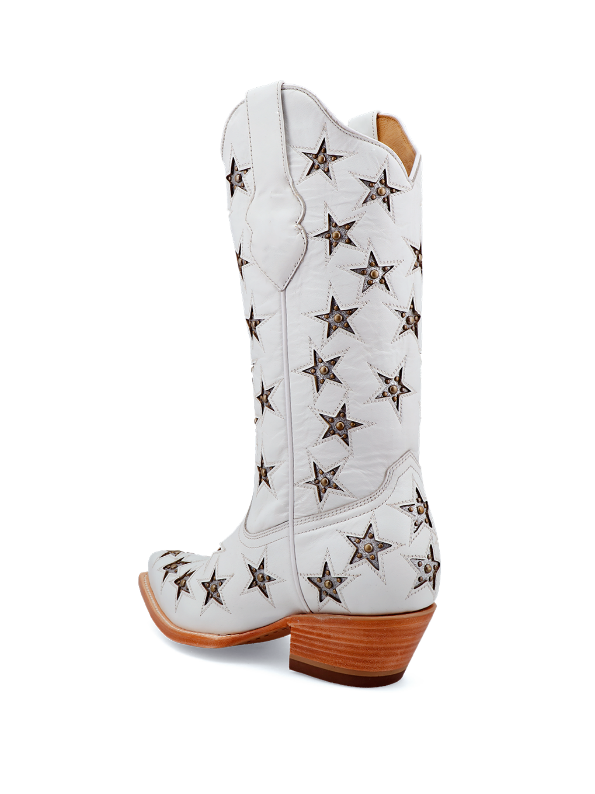 White Studded Snip-Toe Mid Calf Western Boots Cowgirl Boots With Silver Star Inlay