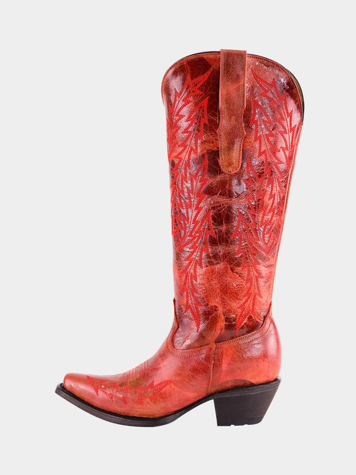 Distressed Snip-Toe Leaf Embroidery Half-Zip Mid Calf Tall Cowgirl Boots - Red