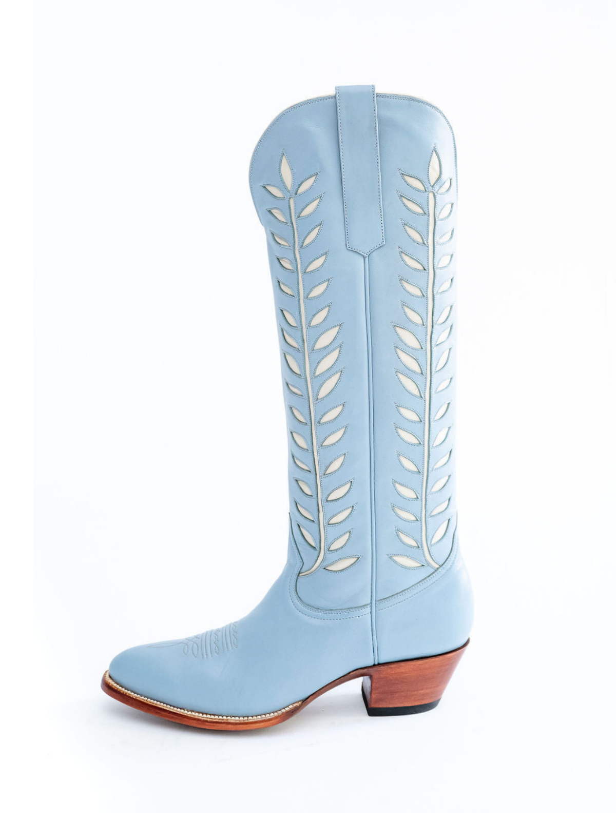 Almond-Toe Ivory Leaves Inlay Wide Calf Tall Knee High Cowgirl Boots - Powder Blue