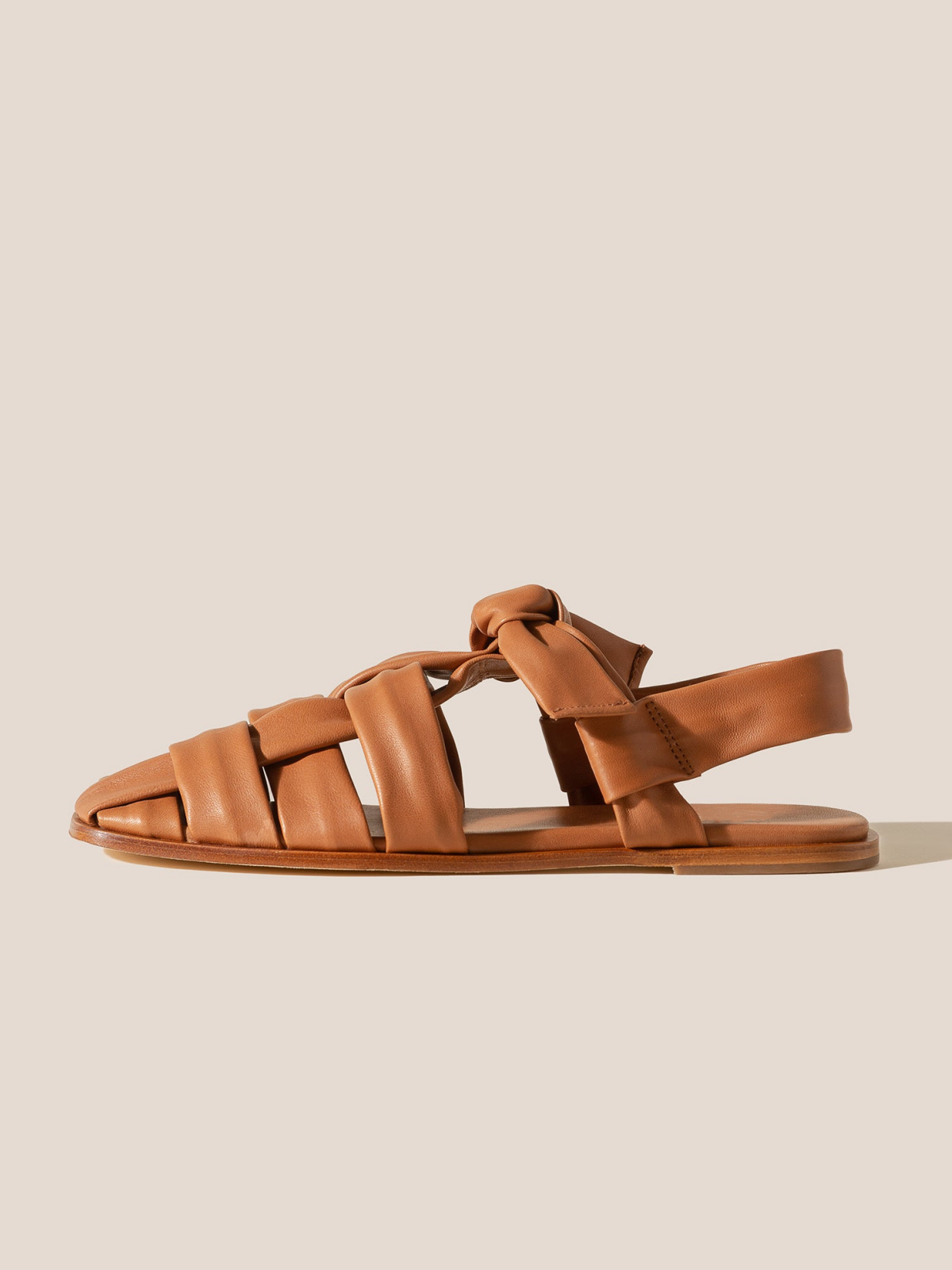 Tawny Interwoven Square-Toe Flats Sandals With T-Strap Knotted Bow