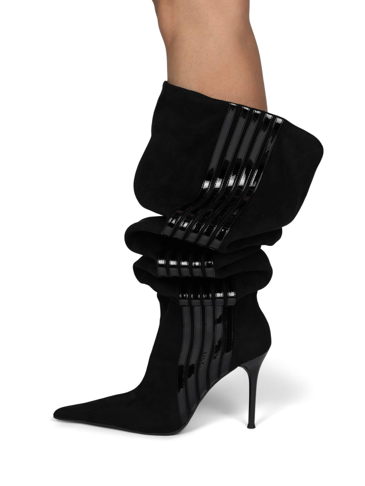 Black Pointed-Toe Slouchy Wide Calf Over-The-Knee Stiletto Boots With Patent Stripe