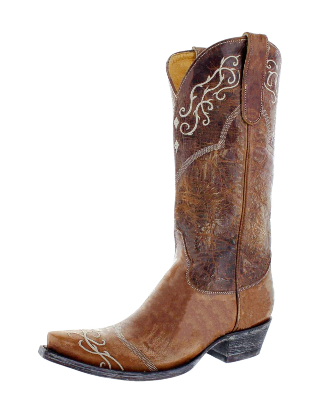 Distressed Brown Snip-Toe Embroidery Tall Wide Mid Calf Cowgirl Boots