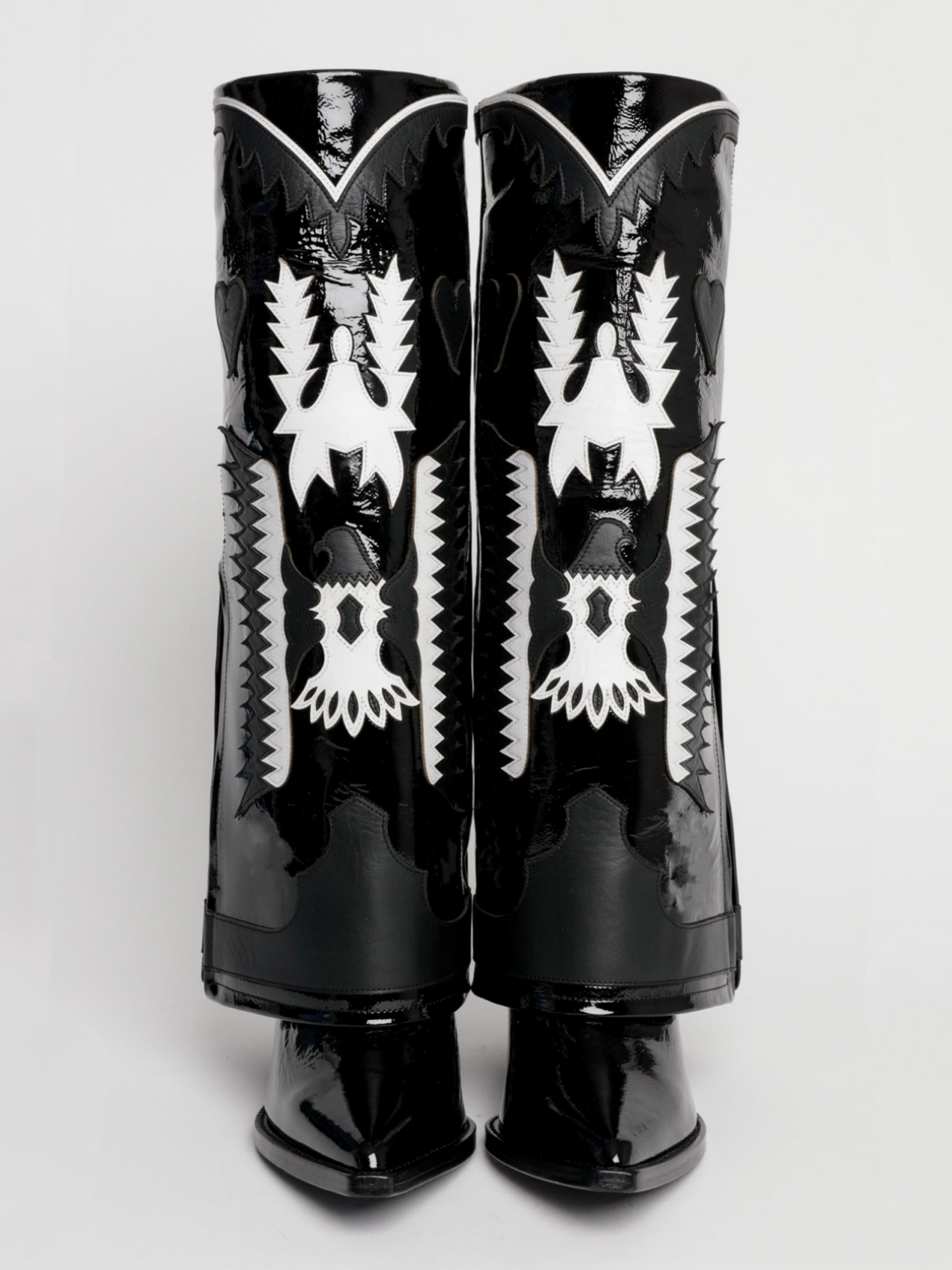 Fold-Over Panel Eagle And Heart Applique Snip-Toe Wide Mid Calf Boots - Patent Black