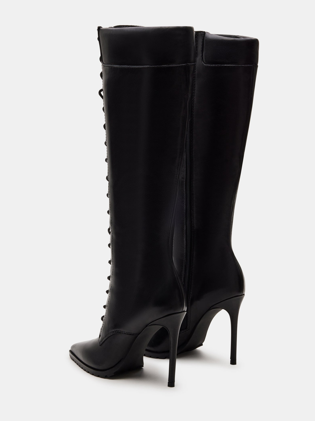 Black Pointed-Toe Lace-Up Full-Zip Mid Calf Stiletto Boots