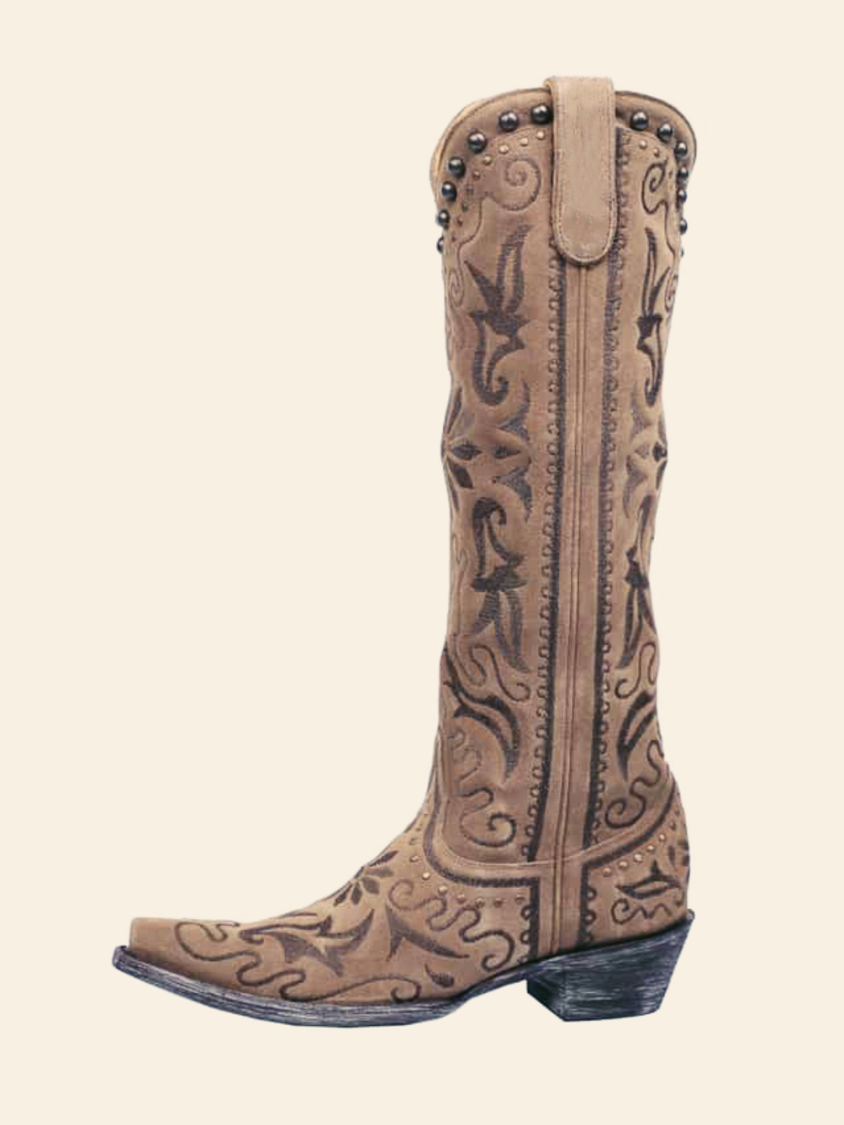 Light Brown Faux Suede Snip-Toe Complex Embroidery Studded Half-Zip Knee High Cowgirl Boots