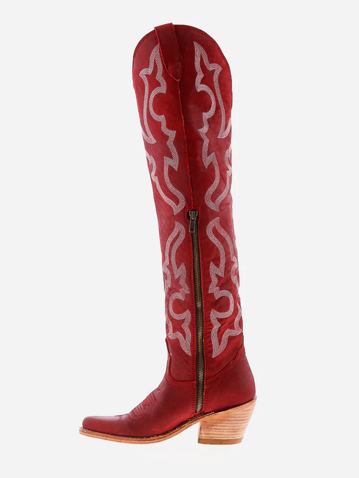 Red Faux Suede Embroidery Pointed-Toe Half-Zip Over-The-Knee Cowgirl Boots