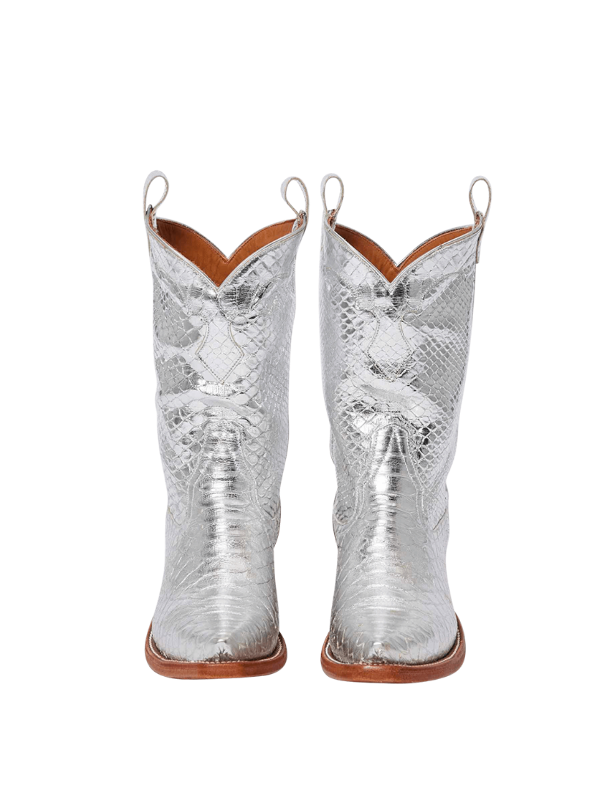 Snip-Toe Wide Mid Calf Cowgirl Boots - Metallic Silver Snakeskin Vegan Leather