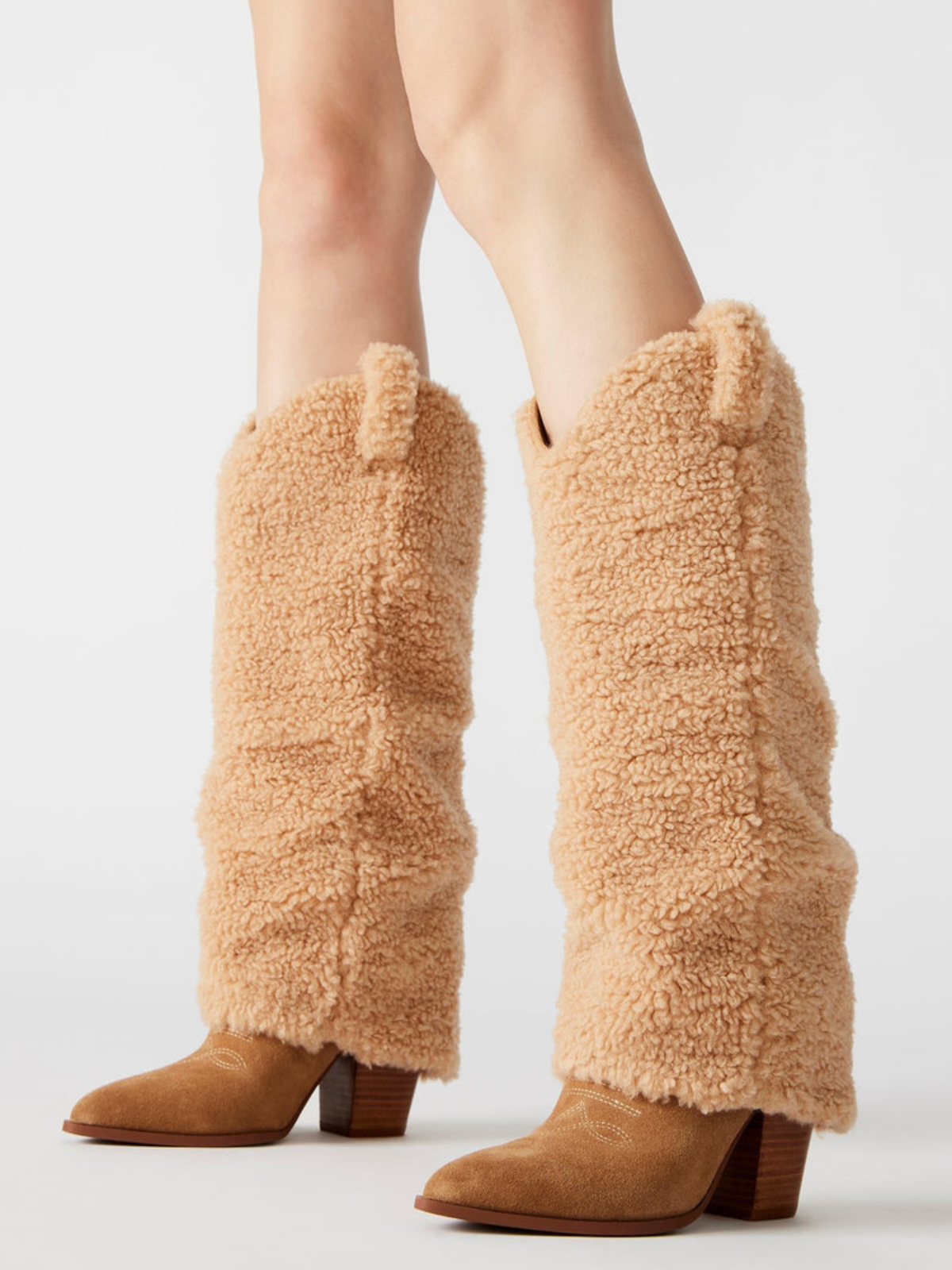 Tan Contrast Faux Suede And Fluffy Fold-Over Wide Mid Calf Tall Cowgirl Boots