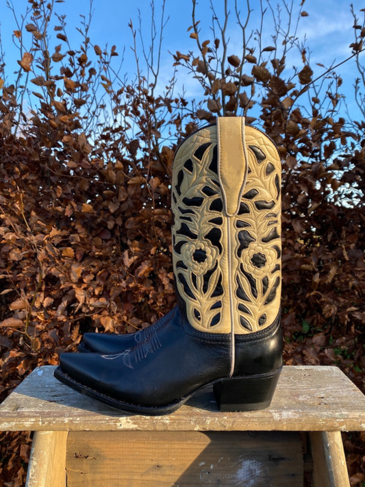 Contrast Black And Beige Snip-Toe Floral Inlay Embroidery Wide Mid Calf Cowgirl Boots