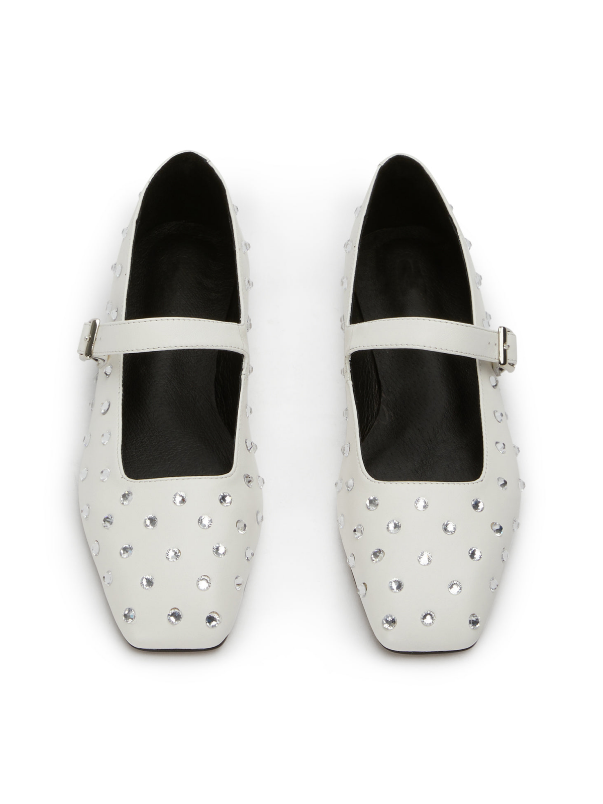 White Sparkle Rhinestone Square-Toe Ballet Flats Mary Janes With Buckled Strap