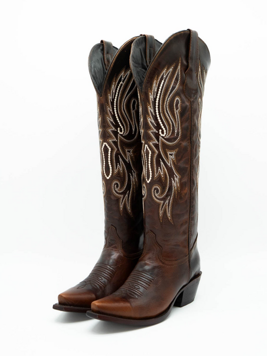 Distressed Brown Embroidery Pearl Snip-Toe Half-Zip Cowgirl Knee High Tall Boots