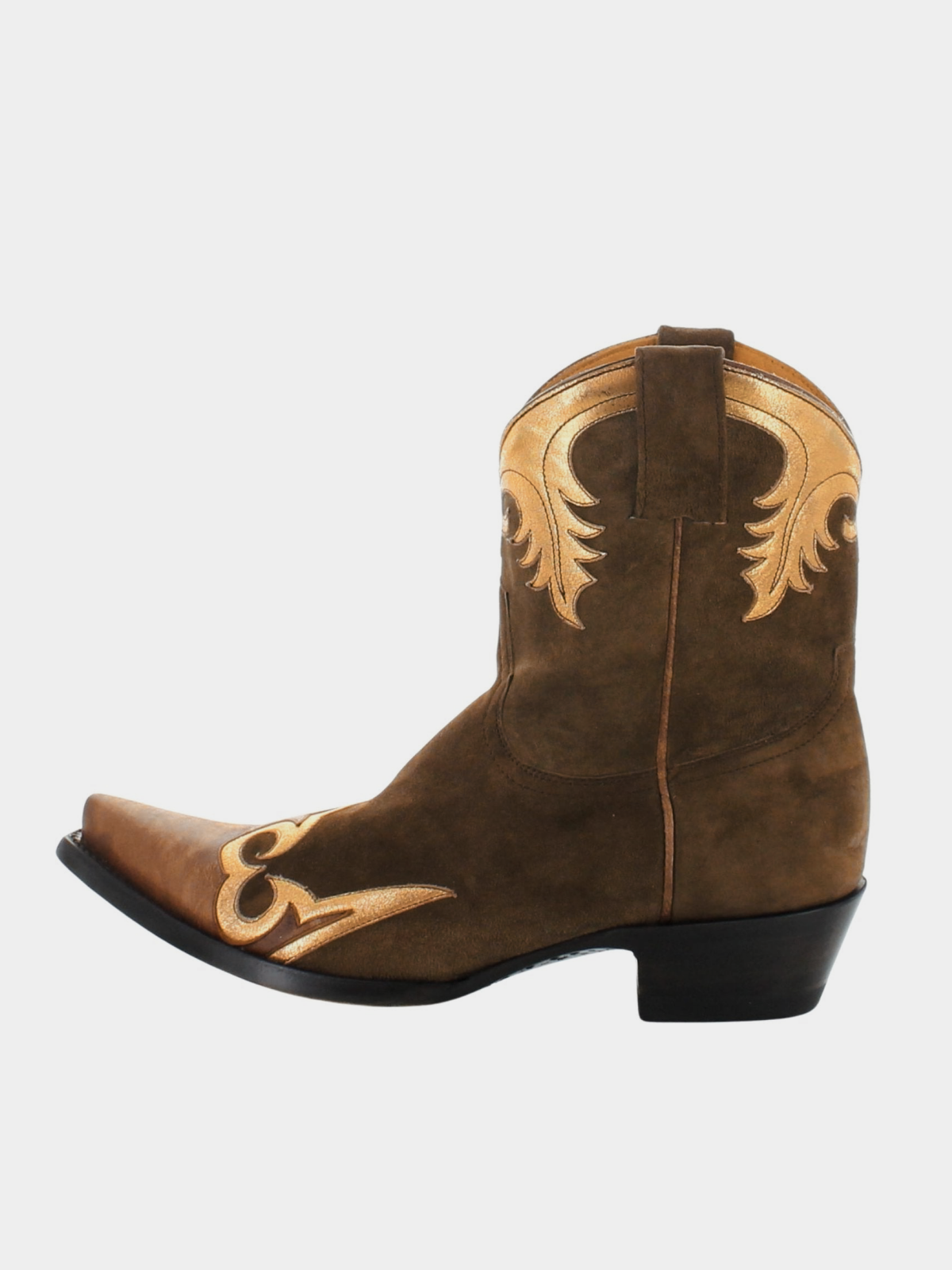 Brown Faux Suede Snip-Toe Metallic Gold Applique Wide Mid Calf Cowgirl Boots