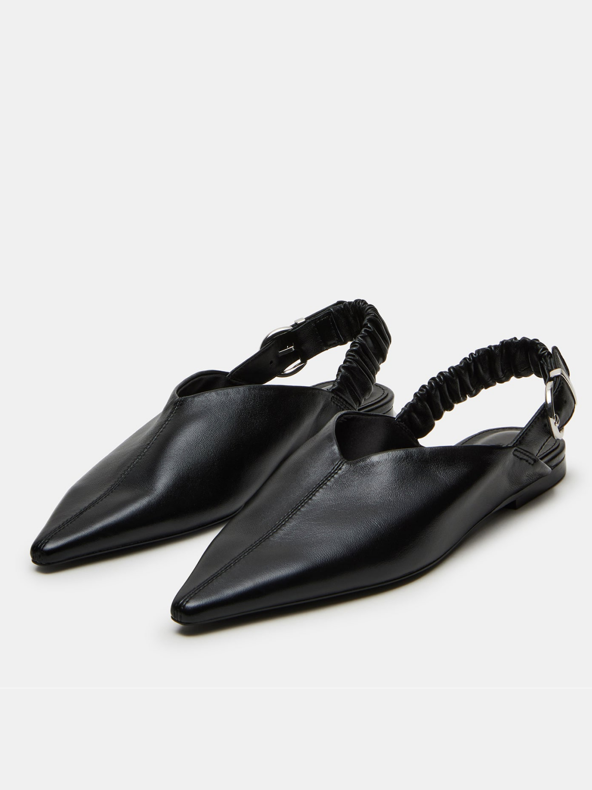 Black Pointed-Toe Ruched Slingback Ballet Flats