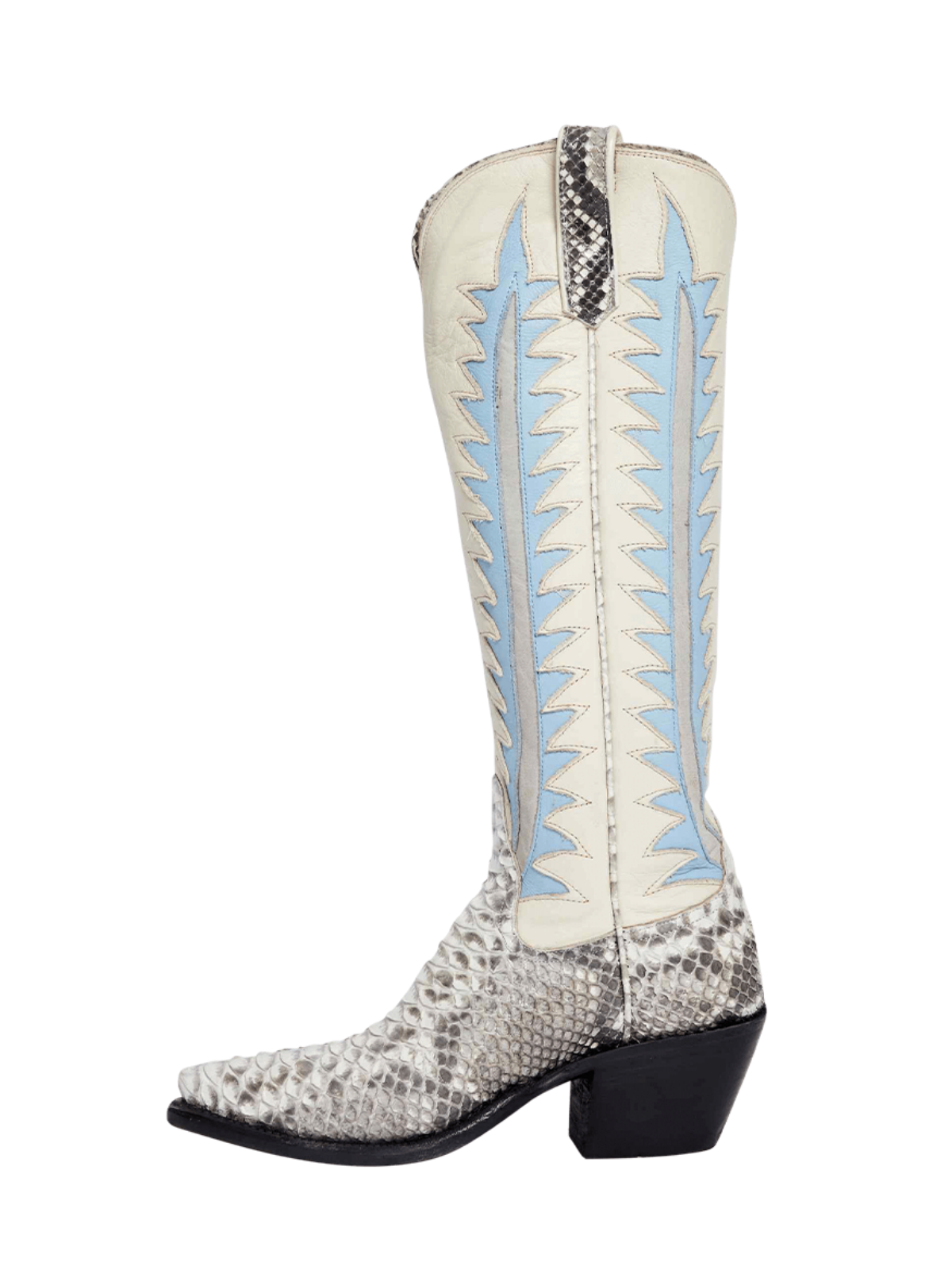 Contrast Cream And Snakeskin Vegan Leather Leaf Inlay Wide Calf Tall Knee High Cowgirl Boots