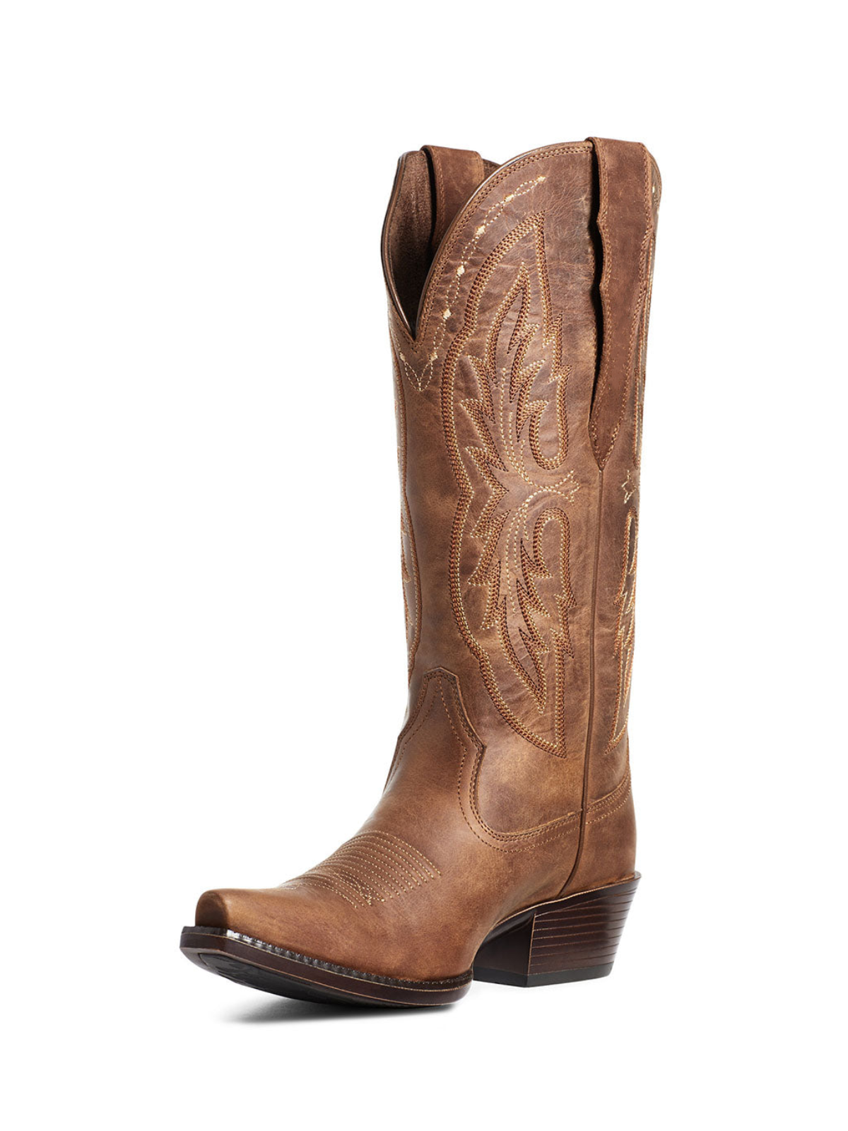 Distressed Brown Snip-Toe Embroidery Wide Mid Calf Classic Cowgirl Boots