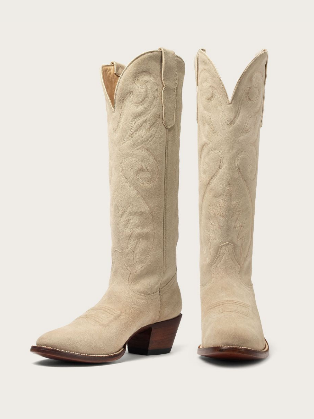 Bone Faux Suede Embroidery Almond-Toe Wide Mid Calf Tall Cowgirl Boots