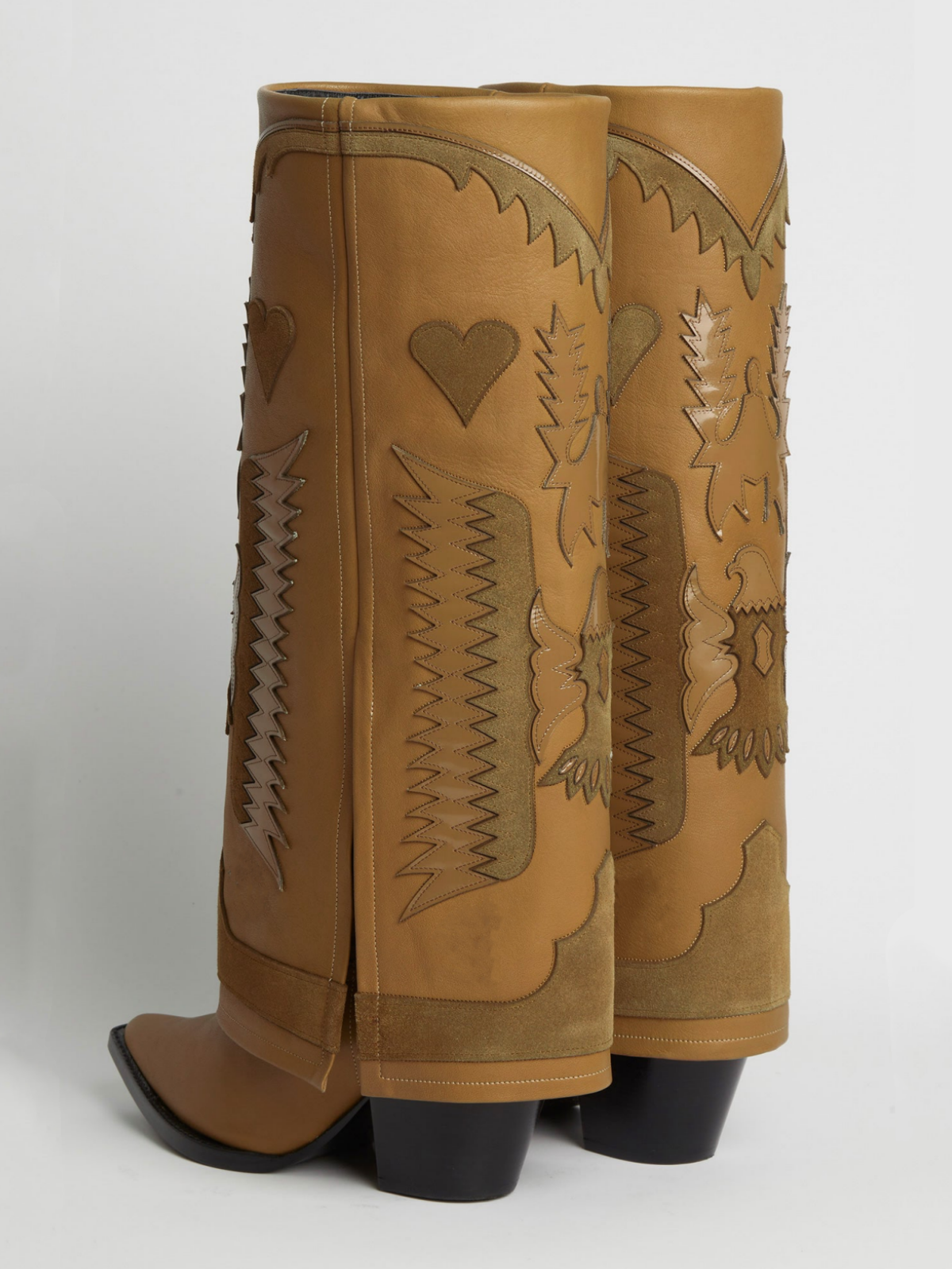 Fold-Over Panel Eagle And Heart Applique Snip-Toe Wide Mid Calf Boots - Camel