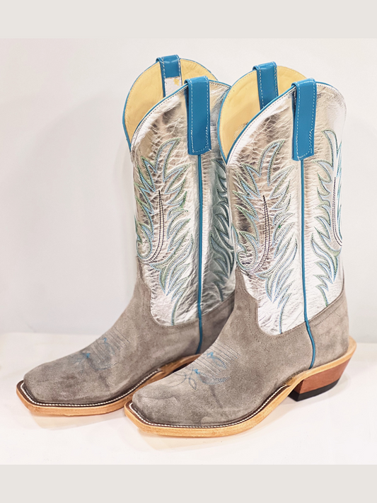 Contrast Gray Faux Suede And Metallic Silver Embroidery Square-Toe Wide Mid Calf Tall Cowgirl Boots