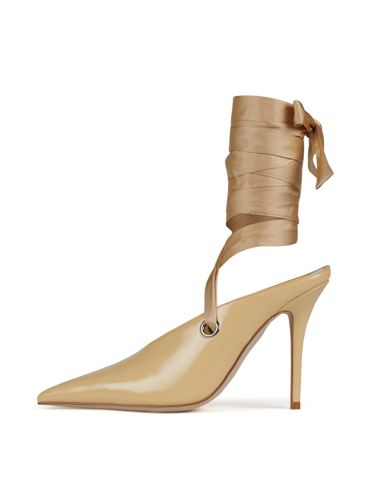 Patent Yellow Pointed-Toe Satin Thick Ankle Strap Pump High Heels