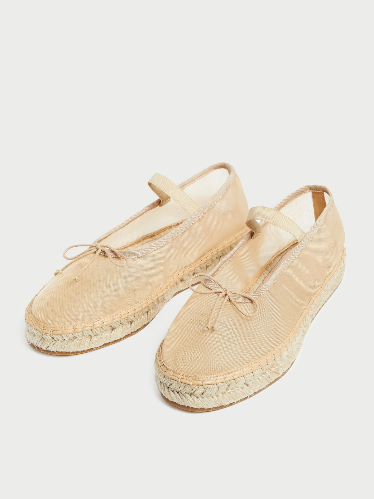 Caramel Almond-Toe Elastic Bridge Strap Mesh Bow Espadrille Ballet Flats