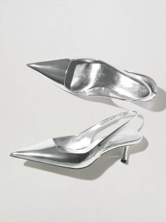 Women Pointed-Toe Kitten Heels Slingback Pumps In Metallic Silver