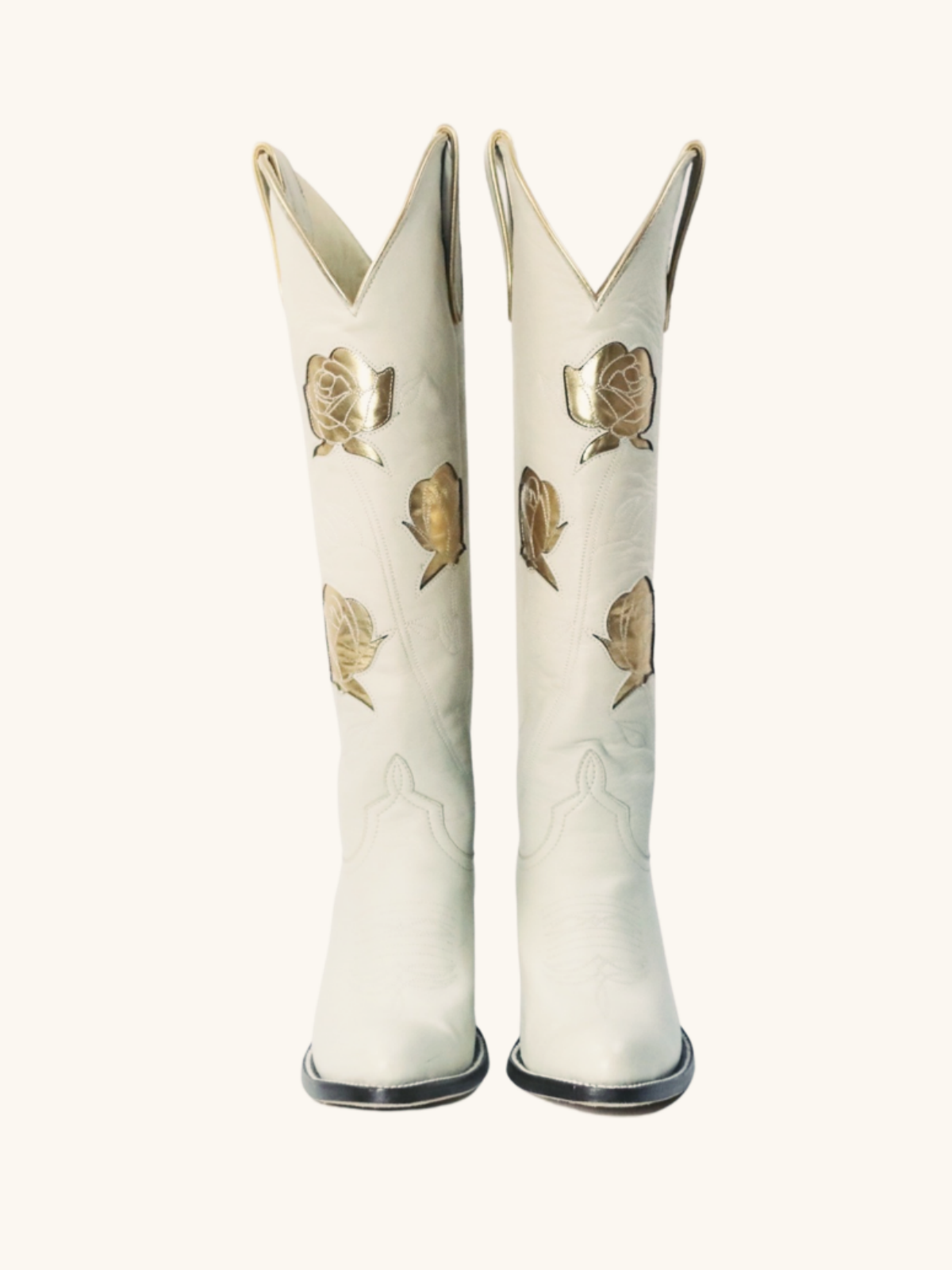 Cream Almond-Toe Cowgirl Wide Calf Boots Western Boots With Gold Rose Inlay