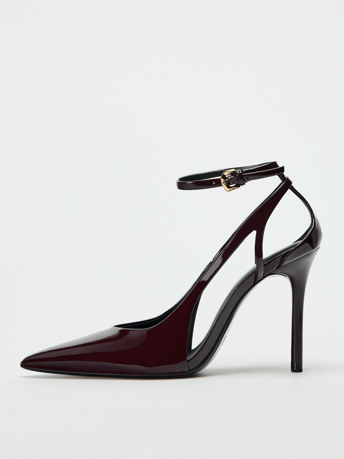 Patent Burgundy Pointed-Toe Buckled Ankle Strap Closure Slingback High Heels