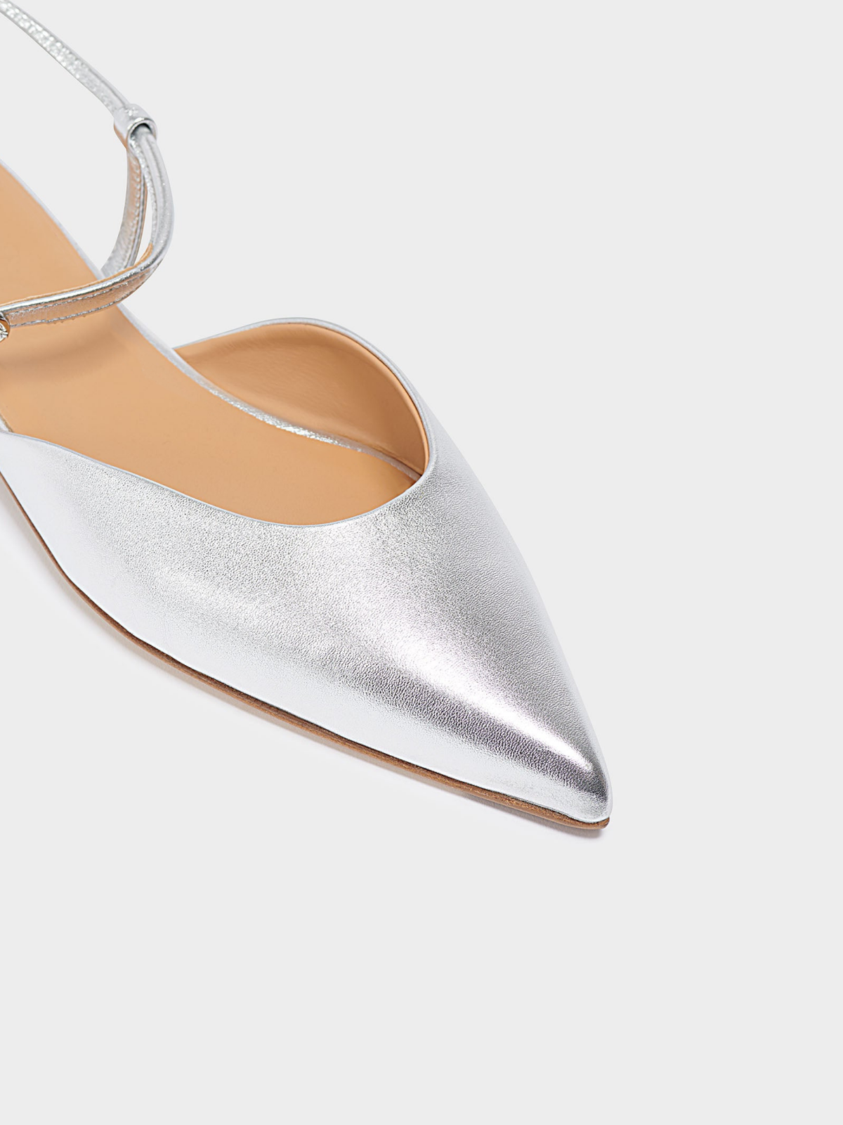 Metallic Silver Pointed-Toe Vegan Leather Flats With Ankle Strap