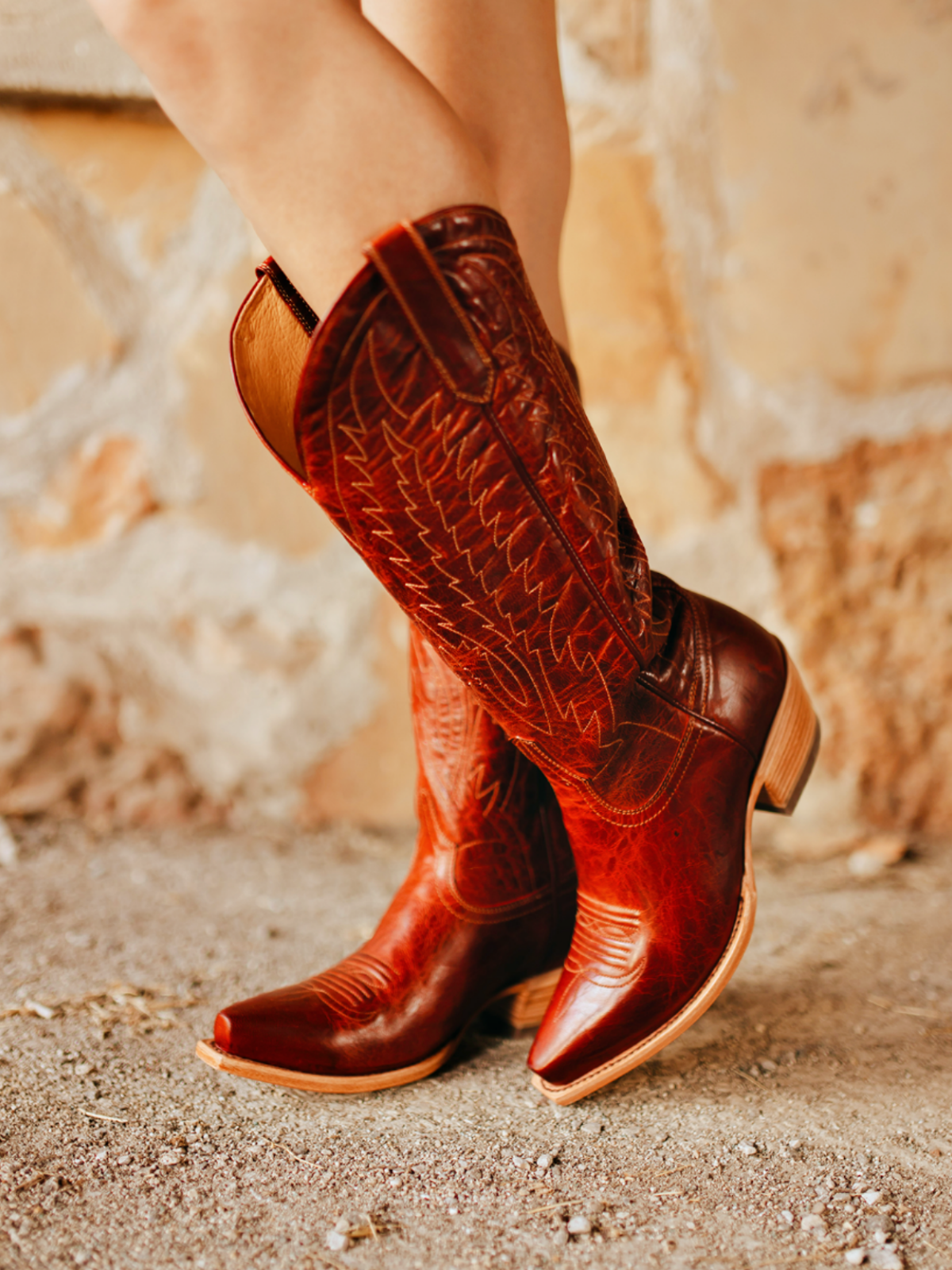 Red Distressed Embroidery Snip-Toe Wide Mid Calf Western Boots Cowgirl Tall Boots