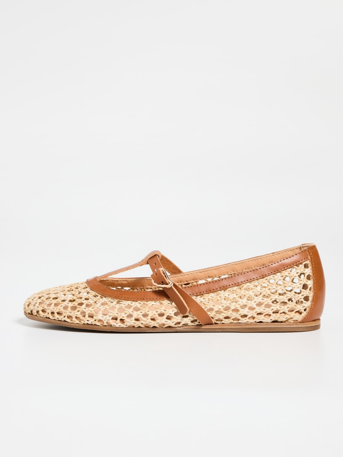 Beige Crochet Raffia Woven Ballet Flats With Brown Buckled T-Strap