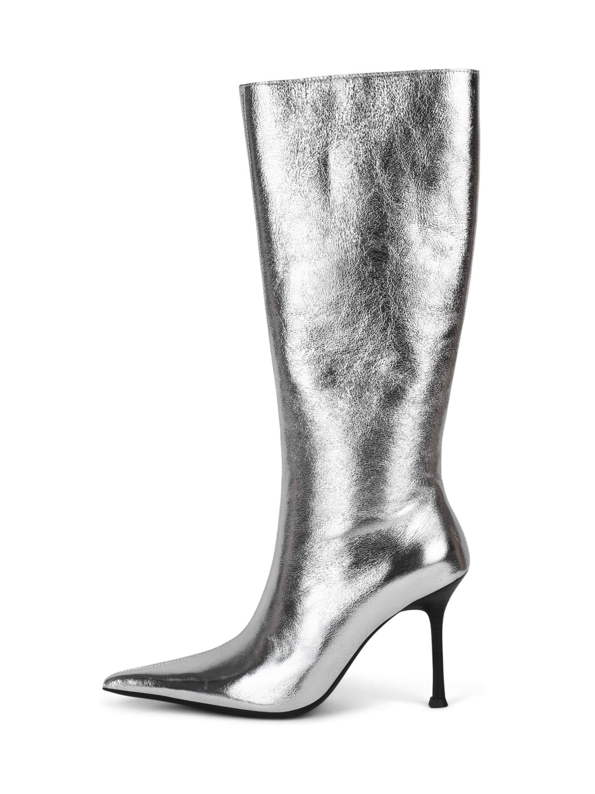 Metallic Silver Full-Zip Pointed-Toe Mid Calf Stiletto Boots