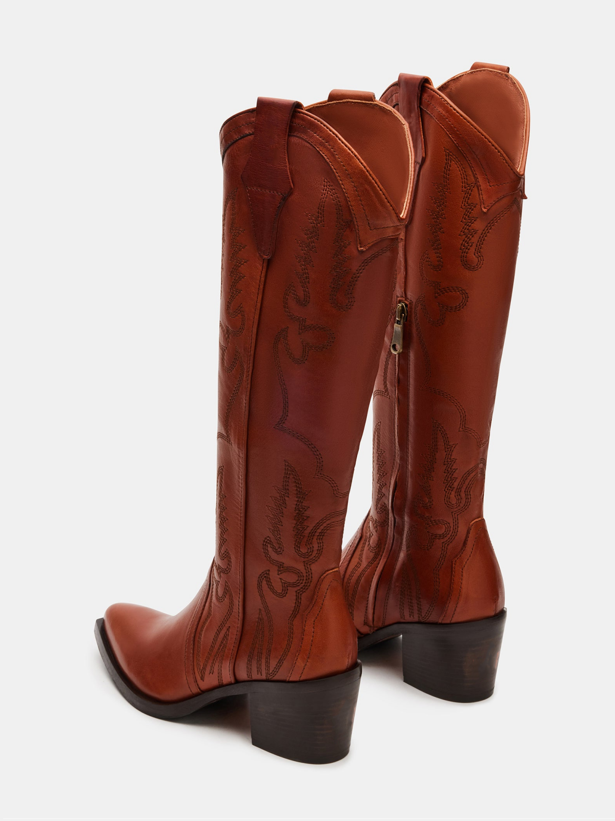 Cognac Snip-Toe Embroidery Classic Half-Zip Mid Calf Cowgirl Boots