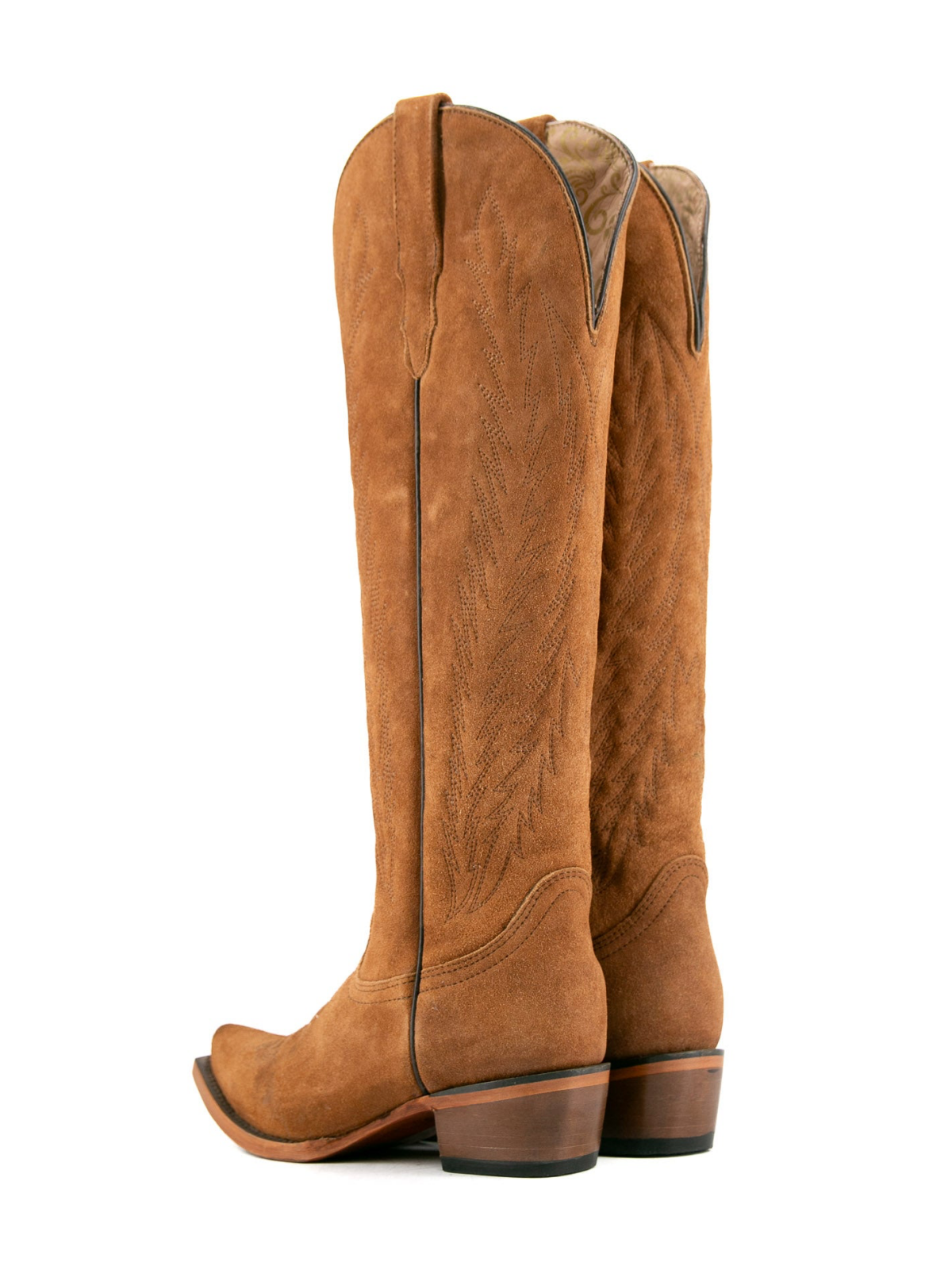 Faux Suede Snip-Toe Half-Zip Embroidery Knee High Tall Cowgirl Boots - Hazelnut