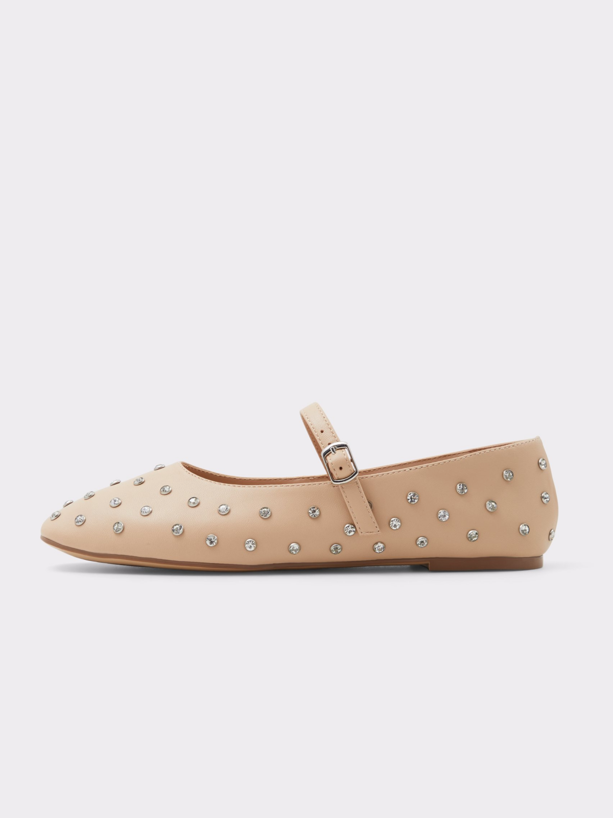 Beige Rhinestone Square-Toe Ballet Flats Buckle Detailed Mary Janes