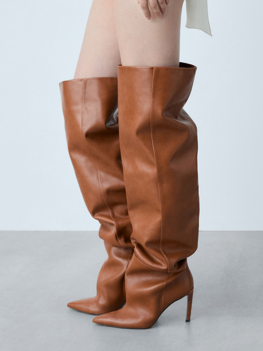 Brown Pointed-Toe Pleat Tall Wide Calf Over-The-Knee Stiletto Boots