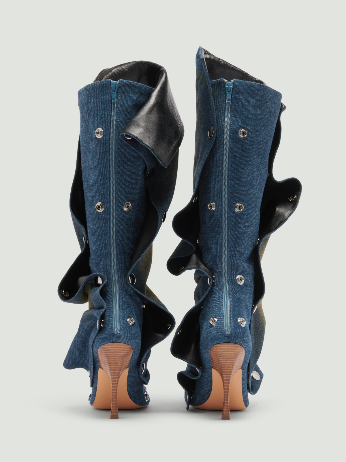 Blueyellow Denim Pointed-Toe Detachable Snap Panel Full-Zip Mid Calf Stiletto Boots